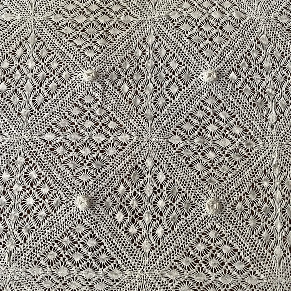 Vintage 60s Handmade Crochet 3D Camelia Tablecloth 60x60